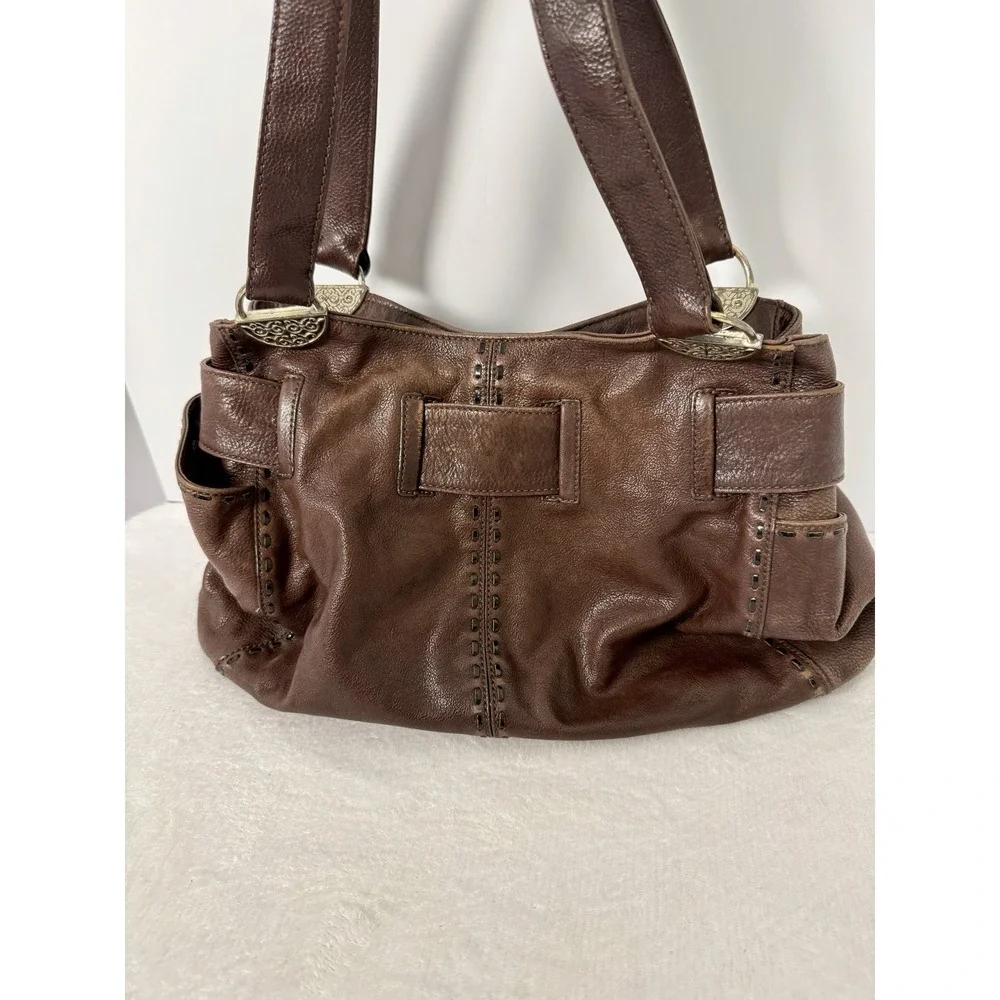 BRIGHTON Cleo Bow Brown Leather Shoulder Bag Studded Stitch Detail